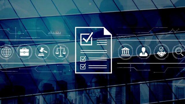 Modern legal interface on a glass building background with icons of law, business, and governance highlighting digital documentation processes. Entropy.