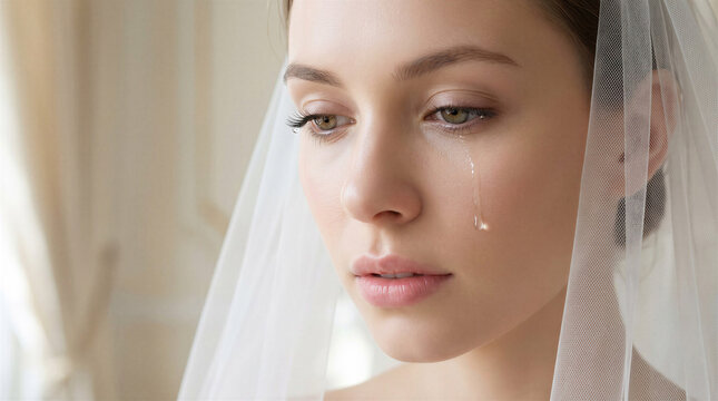 Sad bride with a tear on her face wearing a wedding veil