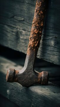 Martillo antiguo y oxidado apoyado sobre una viga de madera oscura en un taller antiguo