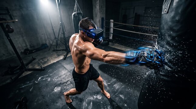 A shirtless muscular boxer wearing a virtual reality headset punching a heavy boxing bag with glowing blue digital impact effects in a dark gym