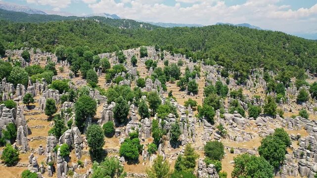 Adam Rocks aerial drone view showcasing unique natural rock formations surrounded by Mediterranean landscape in Manavgat, Antalya, Turkey.