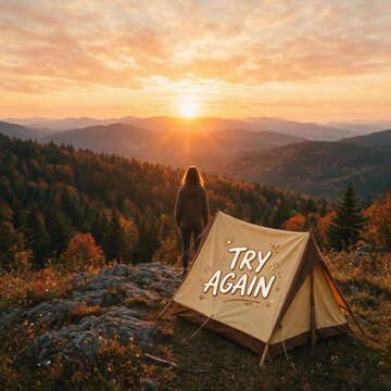 Try again sign beside tent in mountain landscape at sunset