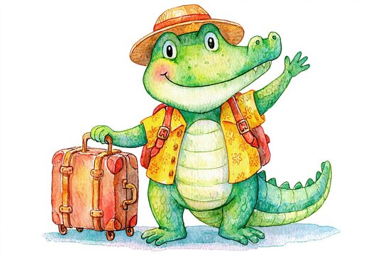 Adorable cartoon alligator dressed as a tourist with a suitcase and backpack waving hello