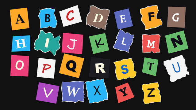 Alphabet Collection: A vibrant collage of individual letters from the alphabet, each presented on a torn-edge paper square in a variety of colors, creating a playful and educational visual.