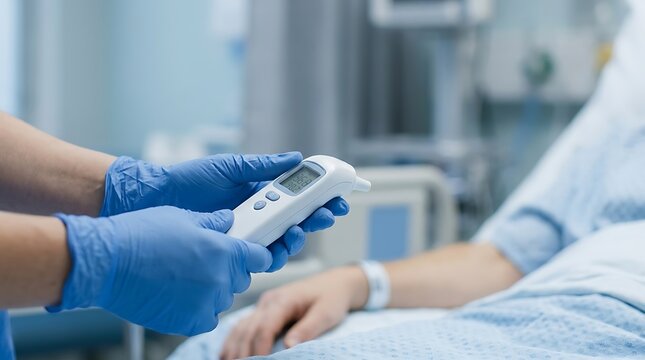Medical professional checks patient temperature with digital thermometer in hospital room