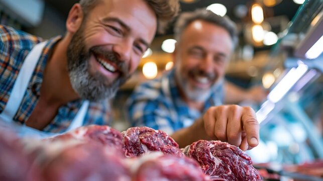 Two smiling butchers inspecting fresh raw meat cuts in a refrigerated display case