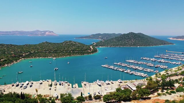 Kas Antalya aerial view showcasing Turkey's famous Mediterranean coastal town and turquoise sea. Majestic drone shot over scenic landscape and resort destination.
