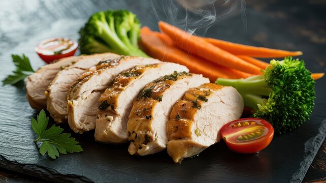Grilled chicken breast slices served with fresh steamed broccoli carrots and tomatoes on a dark stone plate top view