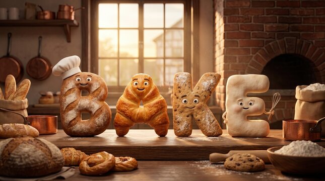 Animated bread letters spelling bake on wooden kitchen counter