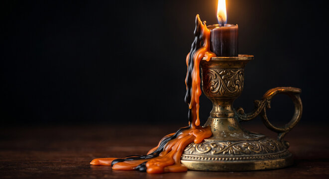 Close up of dripping black and orange wax from a burning candle in a vintage brass holder, dark background