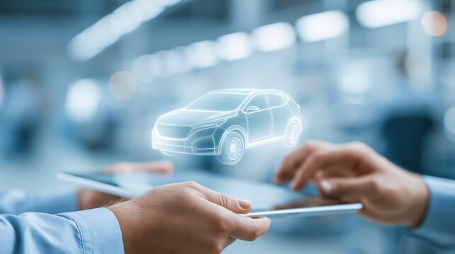 Futuristic Holographic Car Design Projection Controlled Via Tablet In Modern Automotive Workshop
