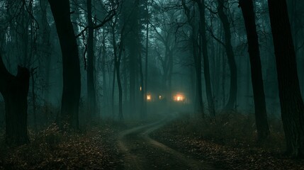 Fototapeta premium A winding path through a dense forest, illuminated by distant, warm light sources in a moody, dark scene