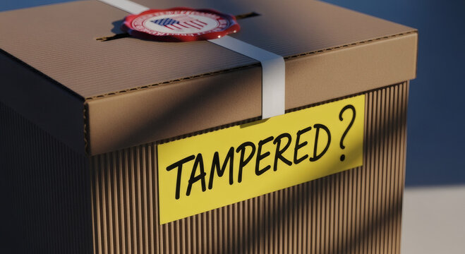 Sealed cardboard package with yellow label reading tampered