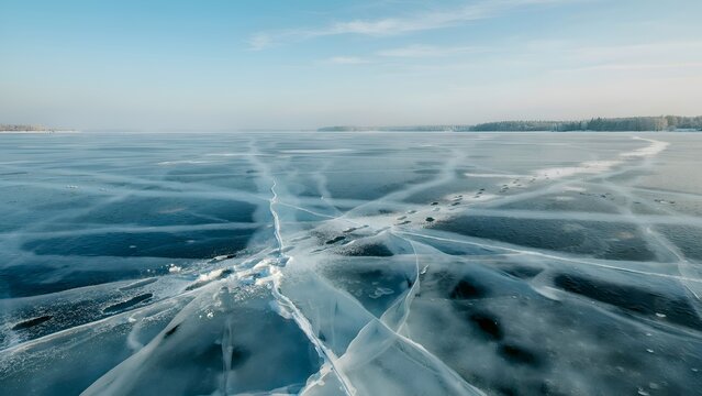Frozen lake with cracked ice surface and distant forested shoreline