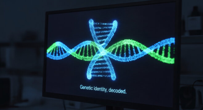 Computer screen displaying glowing blue DNA double helix structure