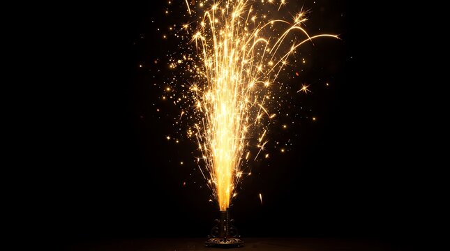 Bright golden sparks fountain erupting against a dark black background during a festive celebration event