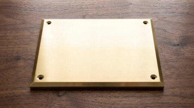 Square blank polished brass plaque lying flat on wooden background