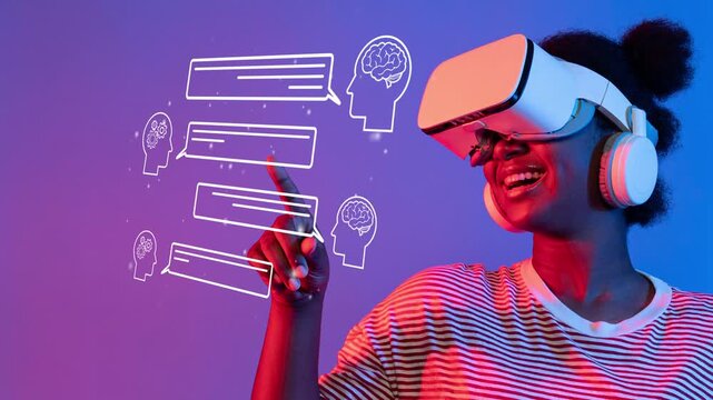 Young woman engaging with virtual reality headset and digital chat interfaces in vibrant blue and purple setting. Entropy.