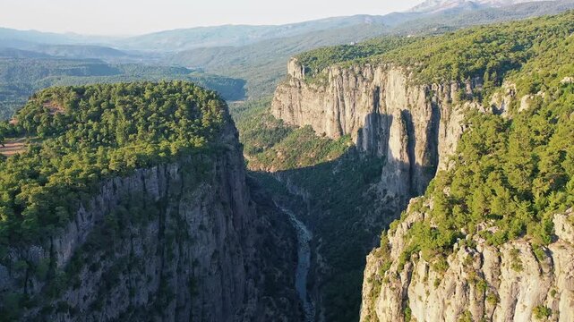 Tazi Canyon aerial view in Manavgat Antalya Turkey. Spectacular drone shot capturing majestic rock cliffs and deep gorge surrounded by green pine forest.