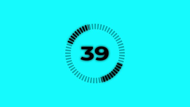 Cyan countdown timer animation, from 0 to 100 on transparent background. UHD circle with 0 to 100 countdown.