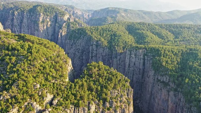 Tazi Canyon aerial view in Manavgat Antalya Turkey. Spectacular drone shot capturing majestic rock cliffs and deep gorge surrounded by green pine forest.