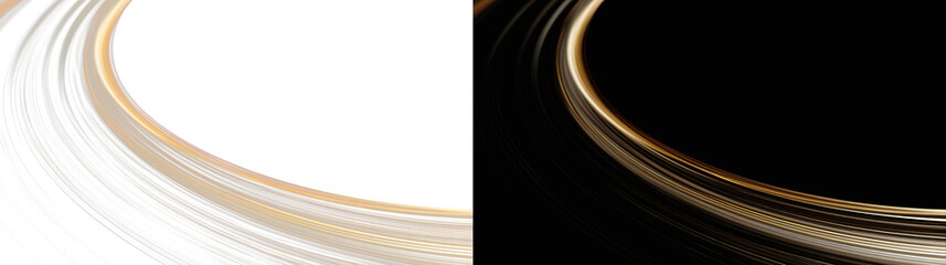 Abstract glowing warm gold orbital stream on white and black background, luxury light trace overlay. Minimalist dark bronze curve backdrop, elegant corporate VIP presentation slide design PNG © Creative Lab