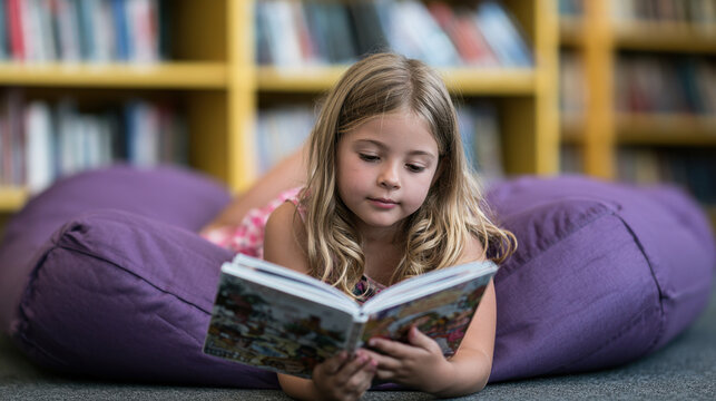 Young girl reading a book while relaxing on purple cushions in a cozy library reading corner