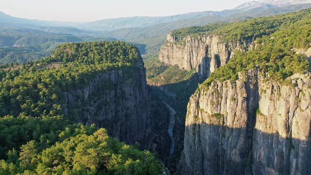 Tazi Canyon aerial view in Manavgat Antalya Turkey. Spectacular drone shot capturing majestic rock cliffs and deep gorge surrounded by green pine forest.