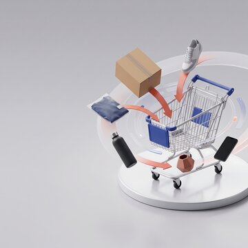 Shopping cart on a circular white platform with various like a box, shoe, and bottle floating into it, surrounded by glowing circular paths