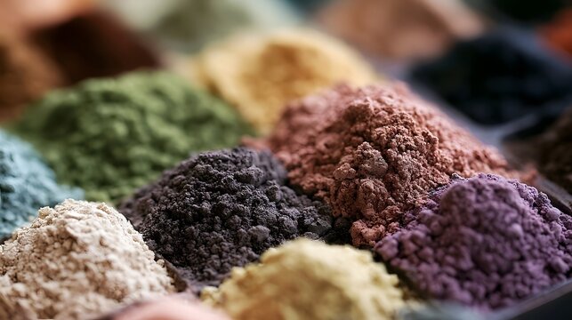 Close up of colorful powders arranged in mounds showing earthy tones and natural pigment textures