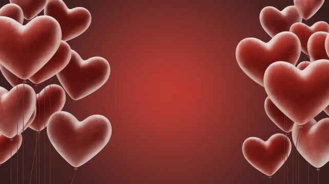 Heart balloons floating on a dark red background providing a romantic border frame for valentine day greeting card design
