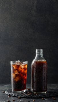 Iced coffee drink in a clear glass with ice cubes next to a glass bottle filled with cold brew coffee on a dark textured background