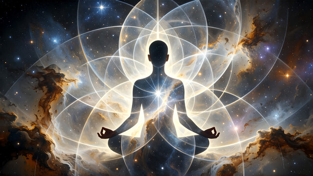 Silhouette of a person meditating in a cosmic space with sacred geometry patterns.