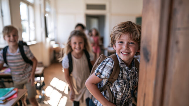Smiling schoolboy with backpack entering a bright classroom with classmates behind him