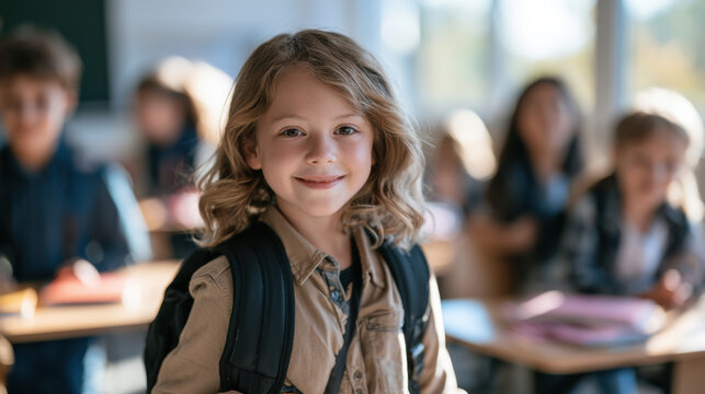 Smiling schoolgirl with backpack standing in a bright classroom with classmates in the background