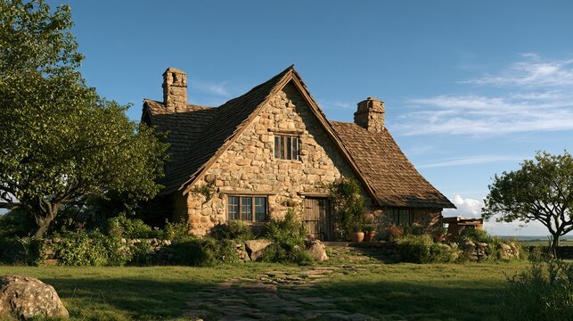 Rustic stone cottage with mossy roof and weathered facade under a bright blue sky and scattered clouds