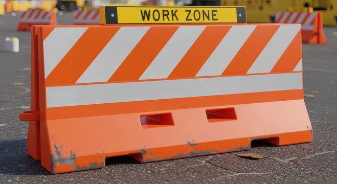 Orange traffic barricade with work zone sign on asphalt road
