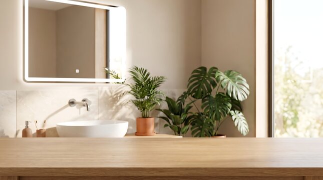 Wooden table top foreground in modern bathroom with blurred mirror background and plants for product display mockup