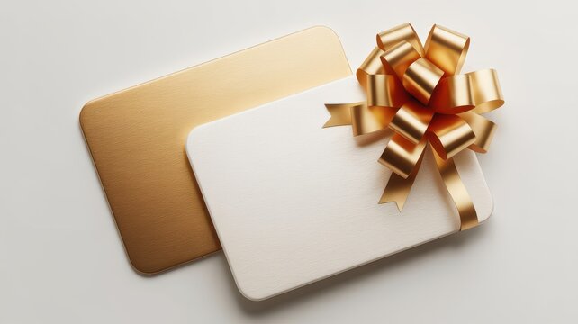 Gift card with golden ribbon bow and blank white space for text isolated on a clean soft studio background