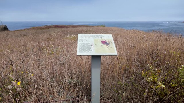 Sign alerts about ticks and provides prevention tips for those entering grassy areas in Fort Bragg, California.
