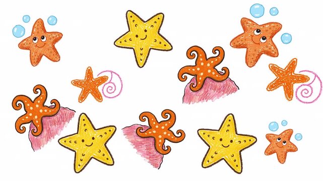 Animated background featuring playful cartoon starfish and seashells with bubbles in a light blue underwater setting. Ideal for children's content, educational videos, or decorative elements.