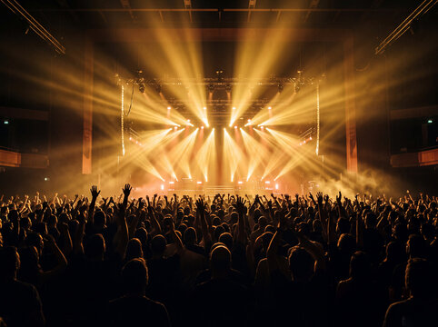 Energetic concert crowd with stage lights and raised hands