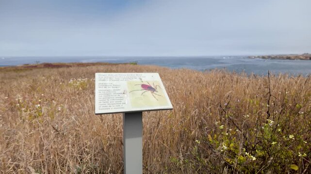 Sign in Fort Bragg alerts visitors to tick danger in grassy areas and provides prevention tips for safe outdoor activities.