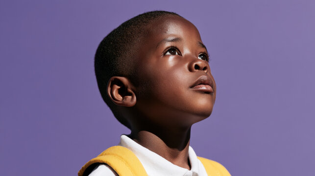 Schoolboy with yellow backpack looking upward against purple background, representing curiosity, education, childhood, imagination and future aspirations