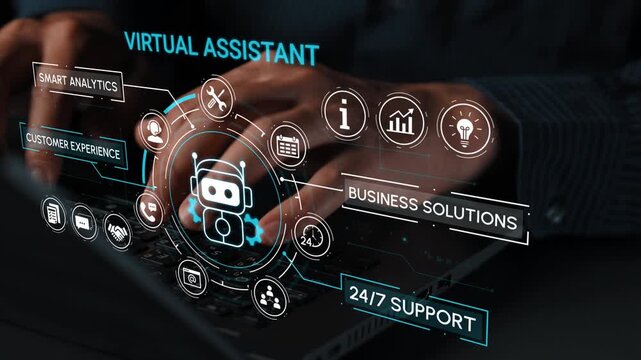 Hands of a person using laptop with virtual assistant interface, showcasing analytics, solutions, support, and customer experience in a digital workspace. Entropy.