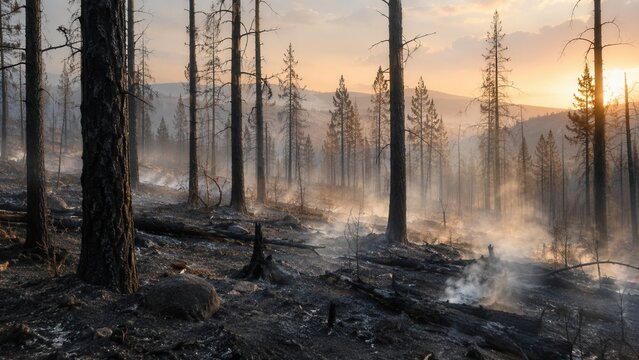 Verkohlter Wald nach schwerem Waldbrand &ndash; Rauch steigt aus schwarzem Waldboden zwischen verbrannten Baumst&auml;mmen auf, w&auml;hrend das Abendlicht die zerst&ouml;rte Landschaft beleuchtet.
