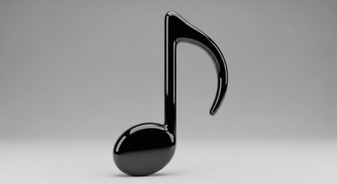Shiny black musical quaver note rendered in 3D against a plain gray background