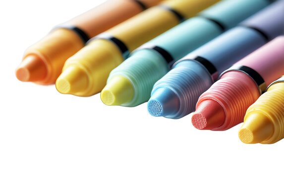 Detailed close view of colorful highlighter markers lined up in perfect order for note taking and educational use Isolated on transparent background PNG