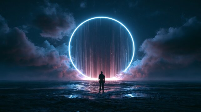 Silhouetted figure stands before a luminous circular portal on a dark, stormy beach landscape