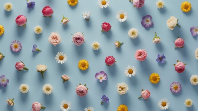 Flower pattern background featuring colorful roses and small daisies arranged neatly on a solid light blue pastel surface flat lay
